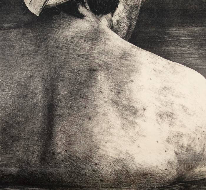 Black and white print of the back and right shoulder of a person.